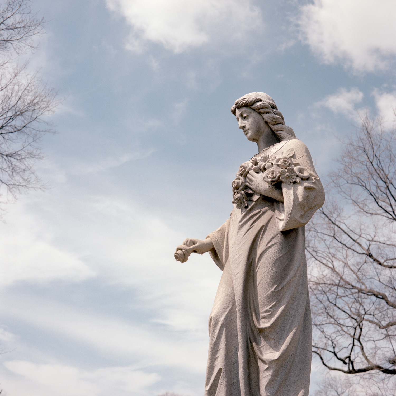 Color image of standing stone statuary holding flower petals.