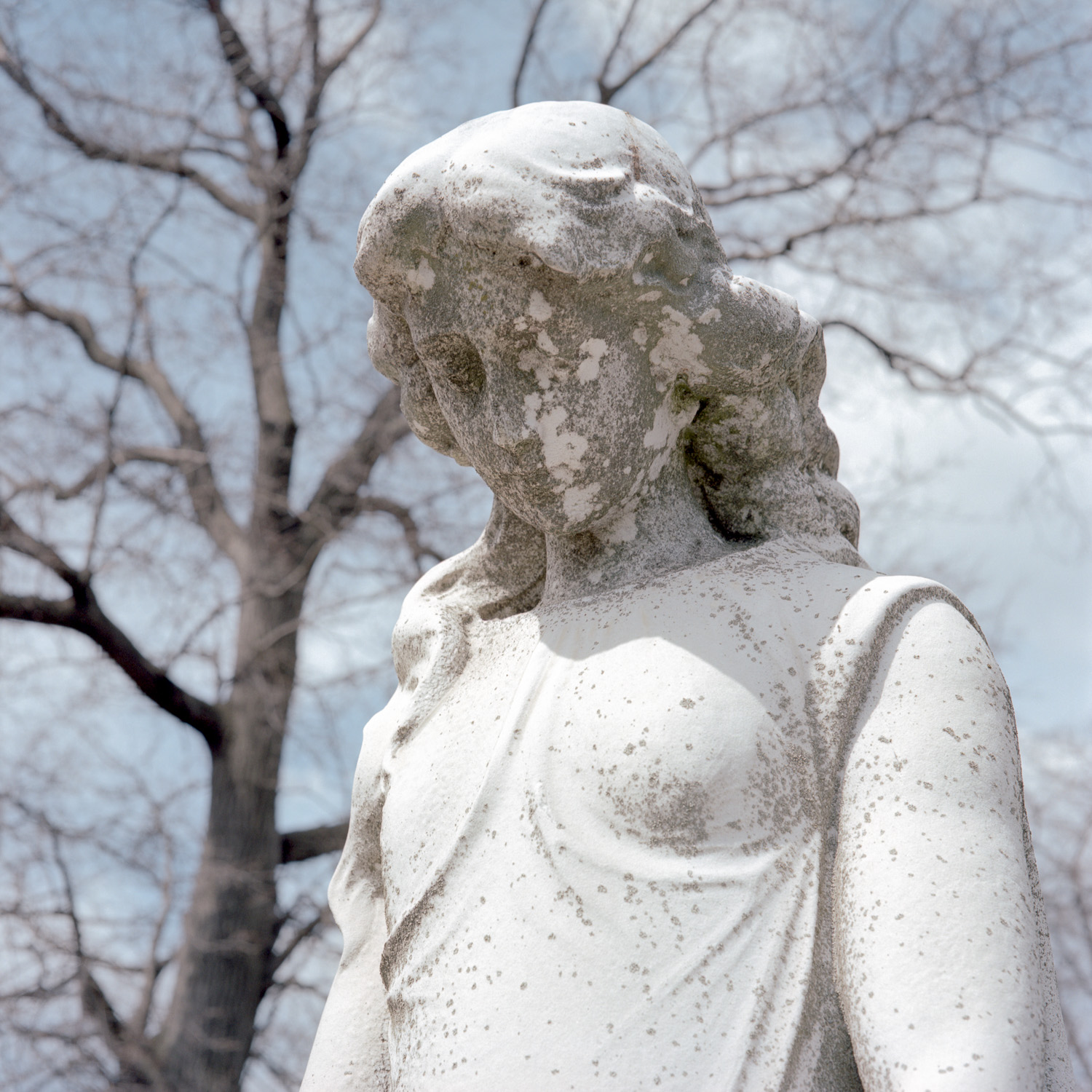 Color image of close-up of weathered marble face of a statuary.