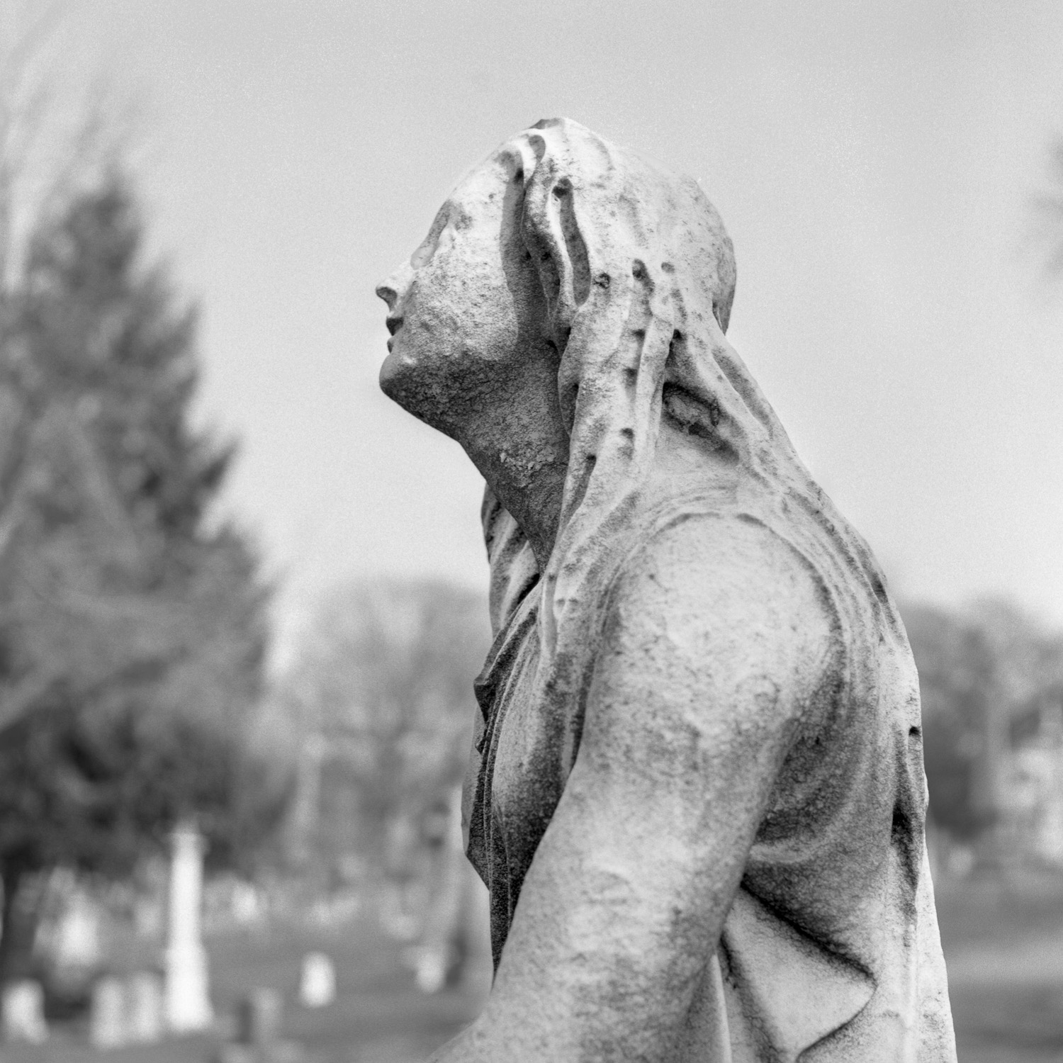 B&W image of a seated stone statuary looking away.