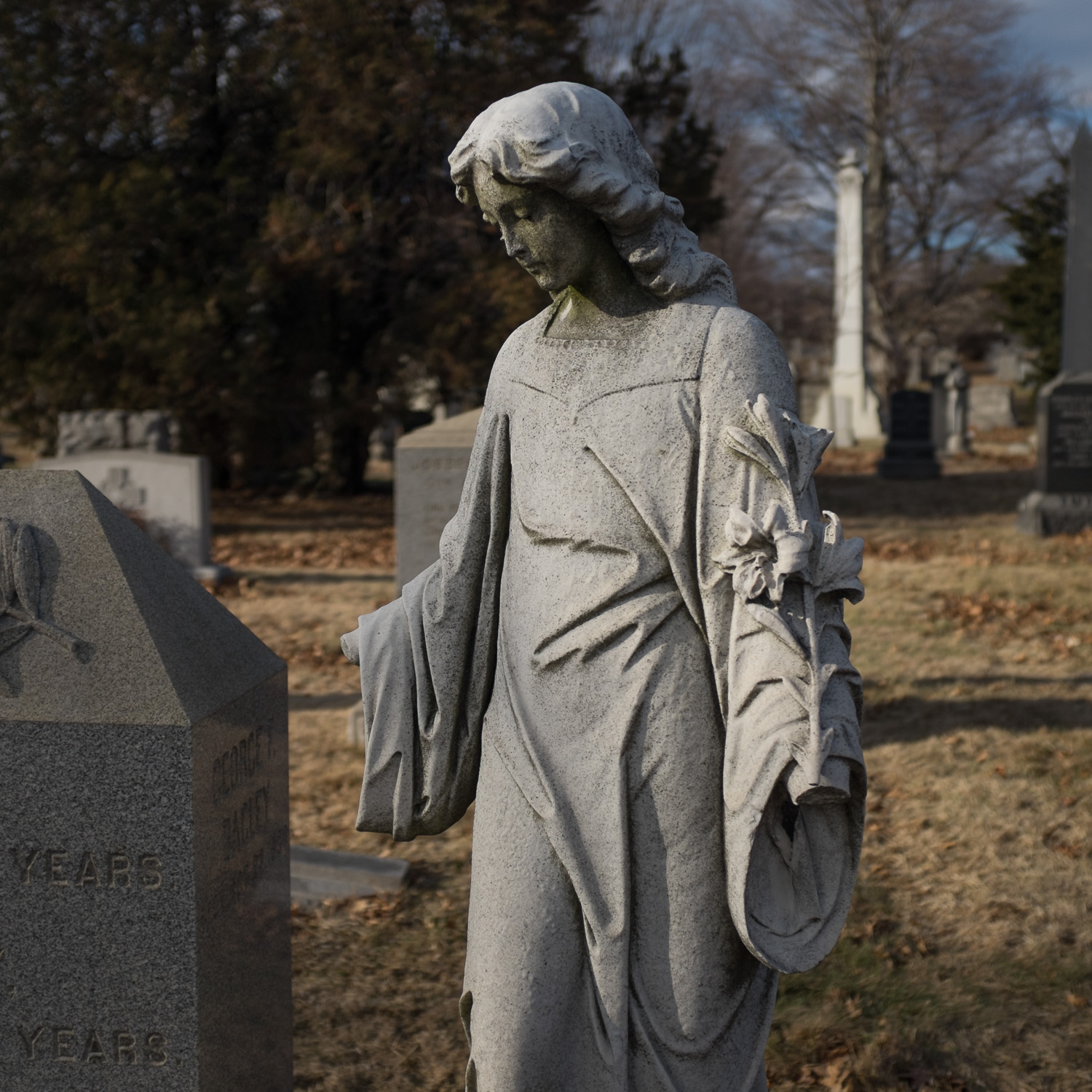 Color image of standing stone statuary with no hands looking downwards.