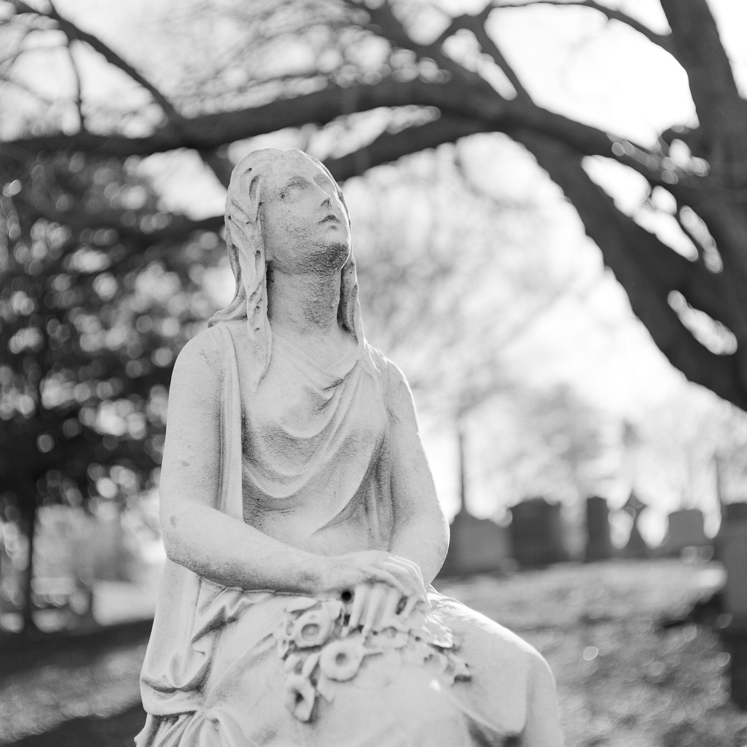 B&W image of a seated white stone statuary gazing upwards.