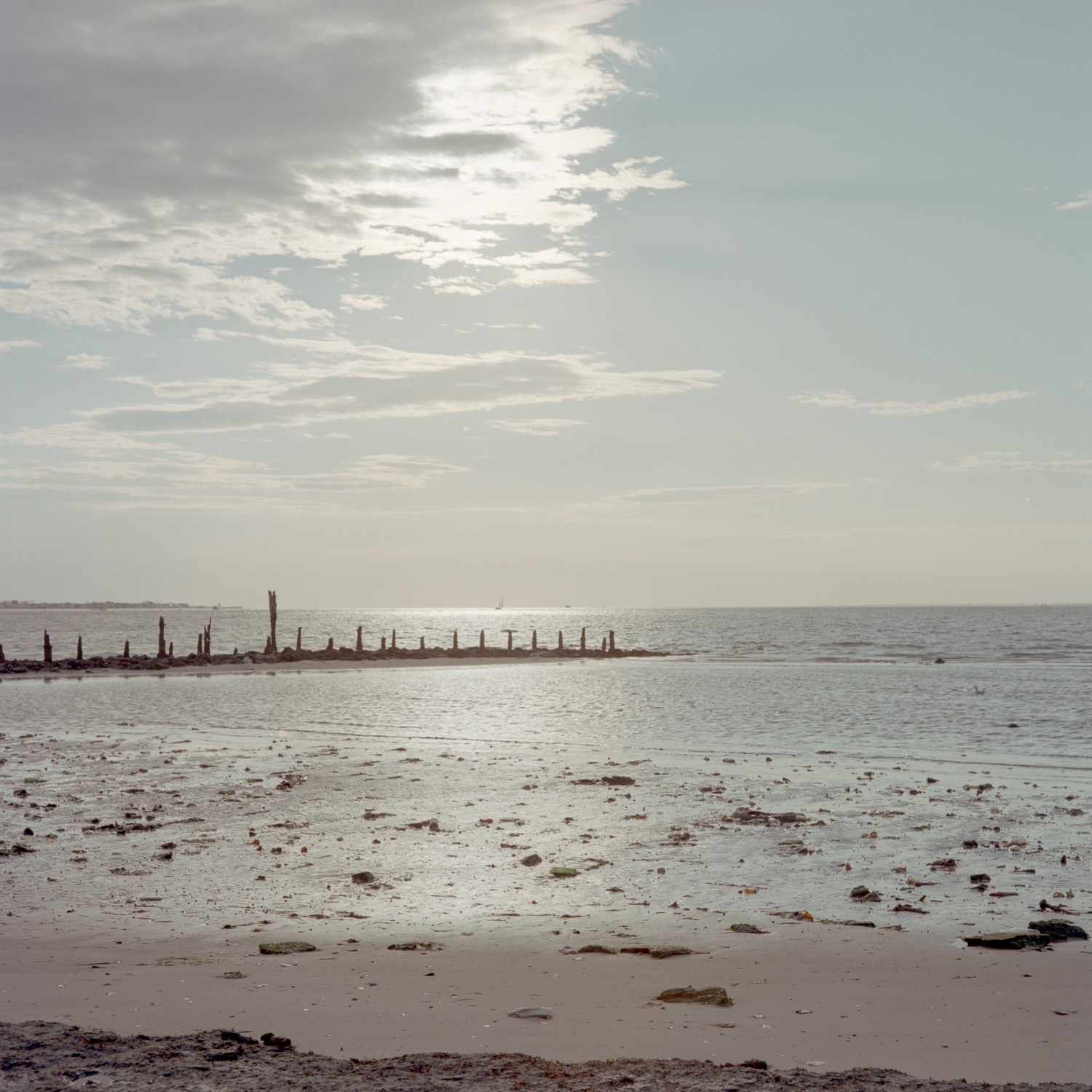 Color image of decayed pier extending out into a body of water with a sailboat in the distance.