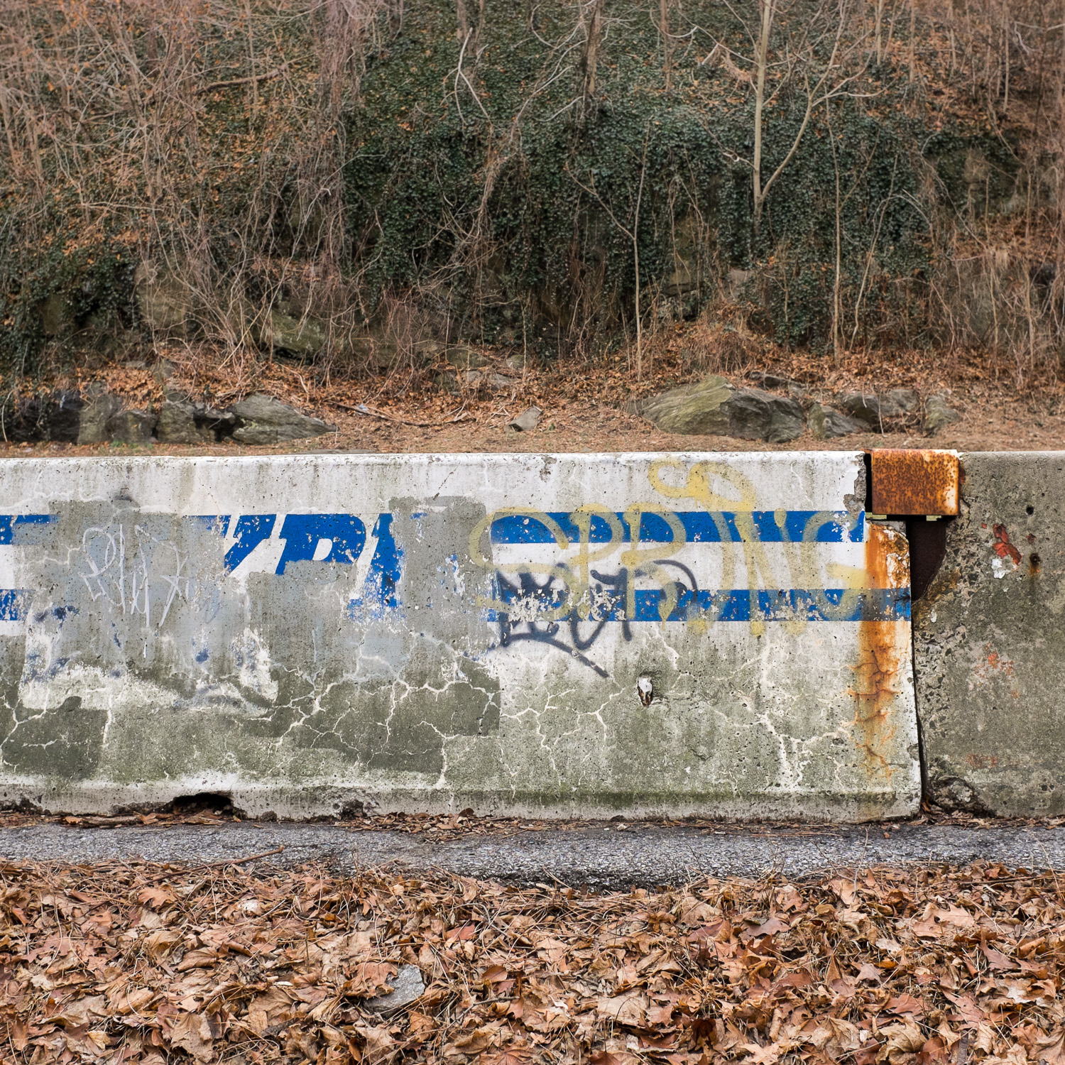 Color image of a faded 'NYPD' concrete barrier with fallen leaves in front of it.