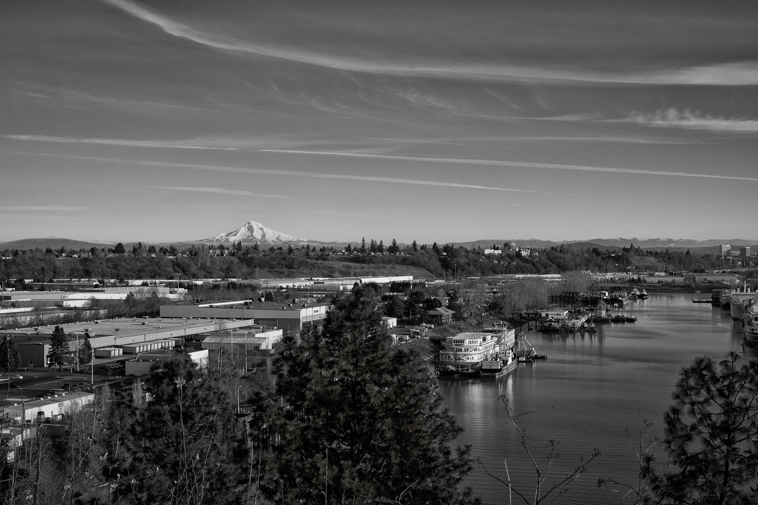 B&W image of Mount Hood with the Swan Island Basin in the foreground.