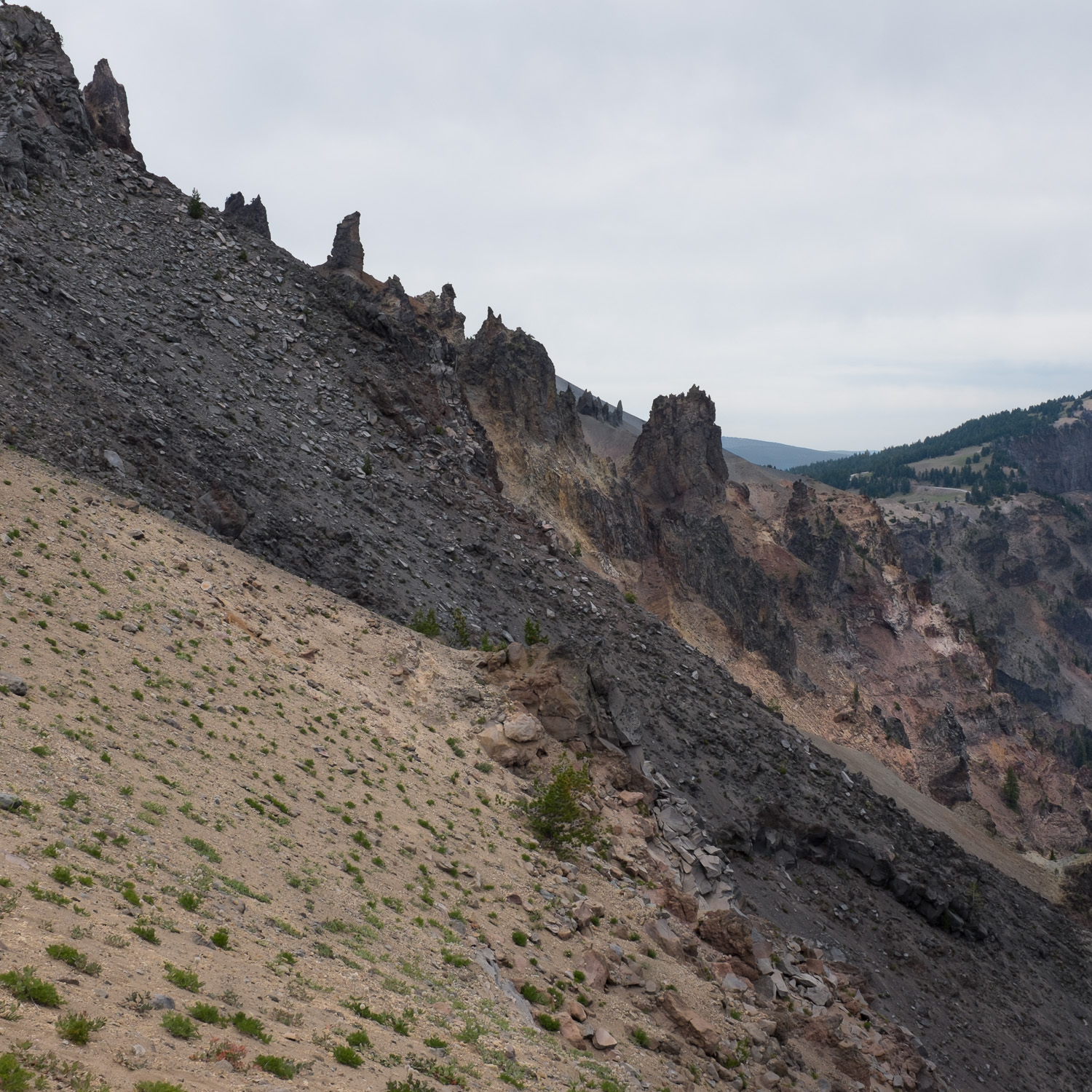 Color image of multi-colored scree on steep incline.