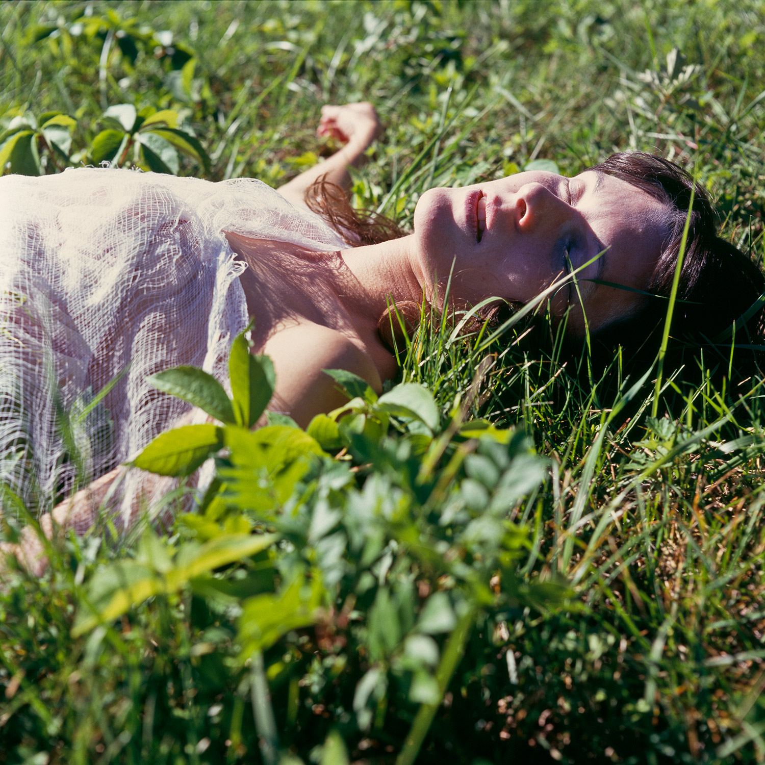 Color image of Sati avatar laying in grass in the sunlight with her eyes closed.